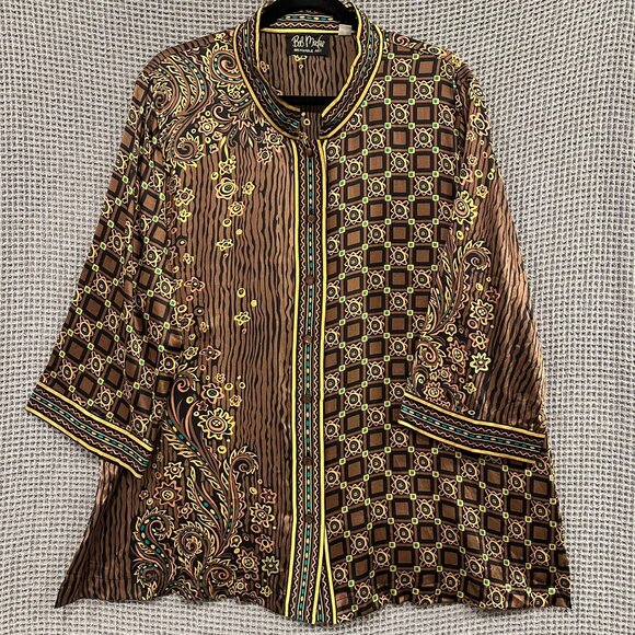 Vintage Bob Mackie Wearable Art 100% Silk Blouse 1X Brown Paisley Geometric - Picture 1 of 8